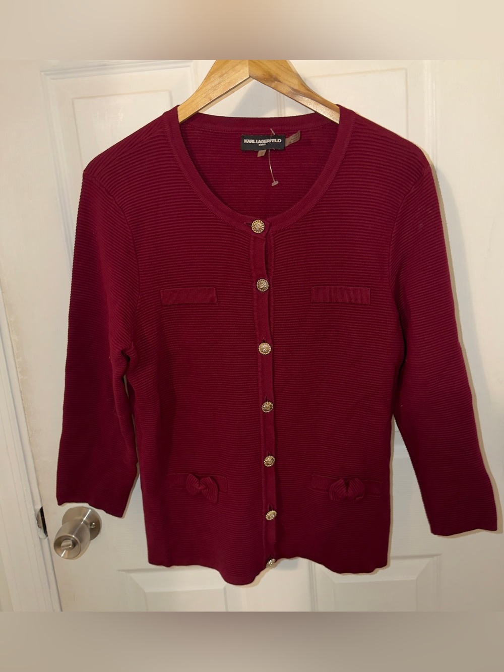 Karl Lagerfeld Women's Deep Burgundy Button Cardigan with Bow Pockets